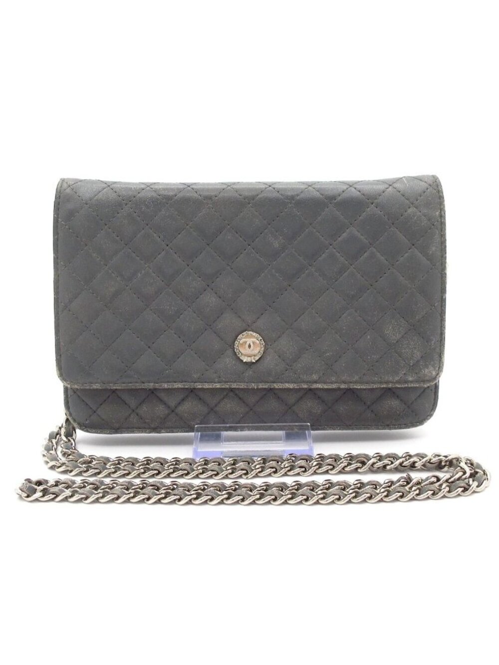 Chanel Wallet Quilted Gray Chain Leather Shoulder